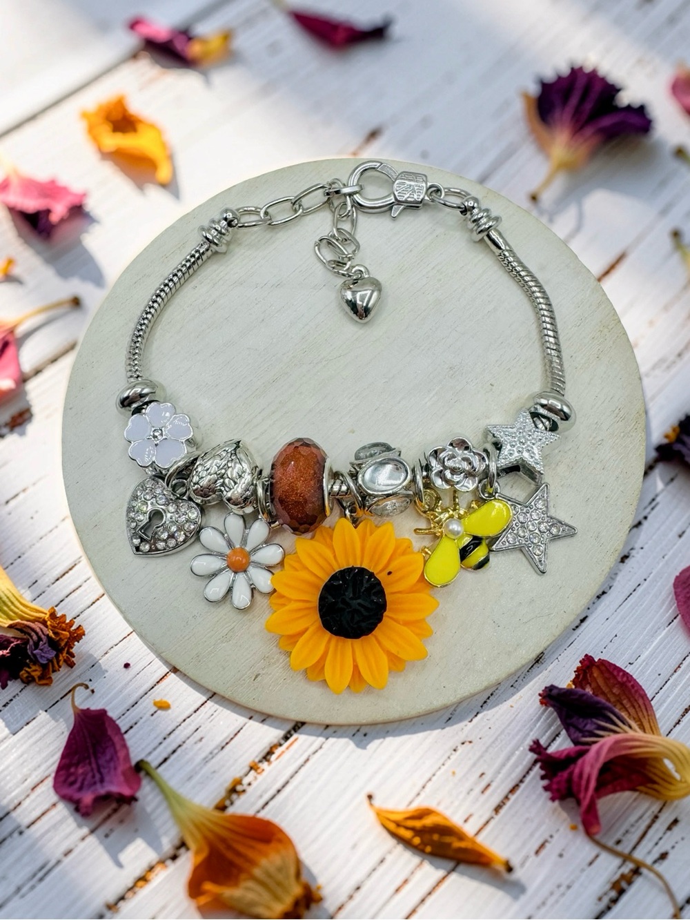 Sunflower & Bee Charm Bracelet – Silver Tone Floral Statement Bracelet